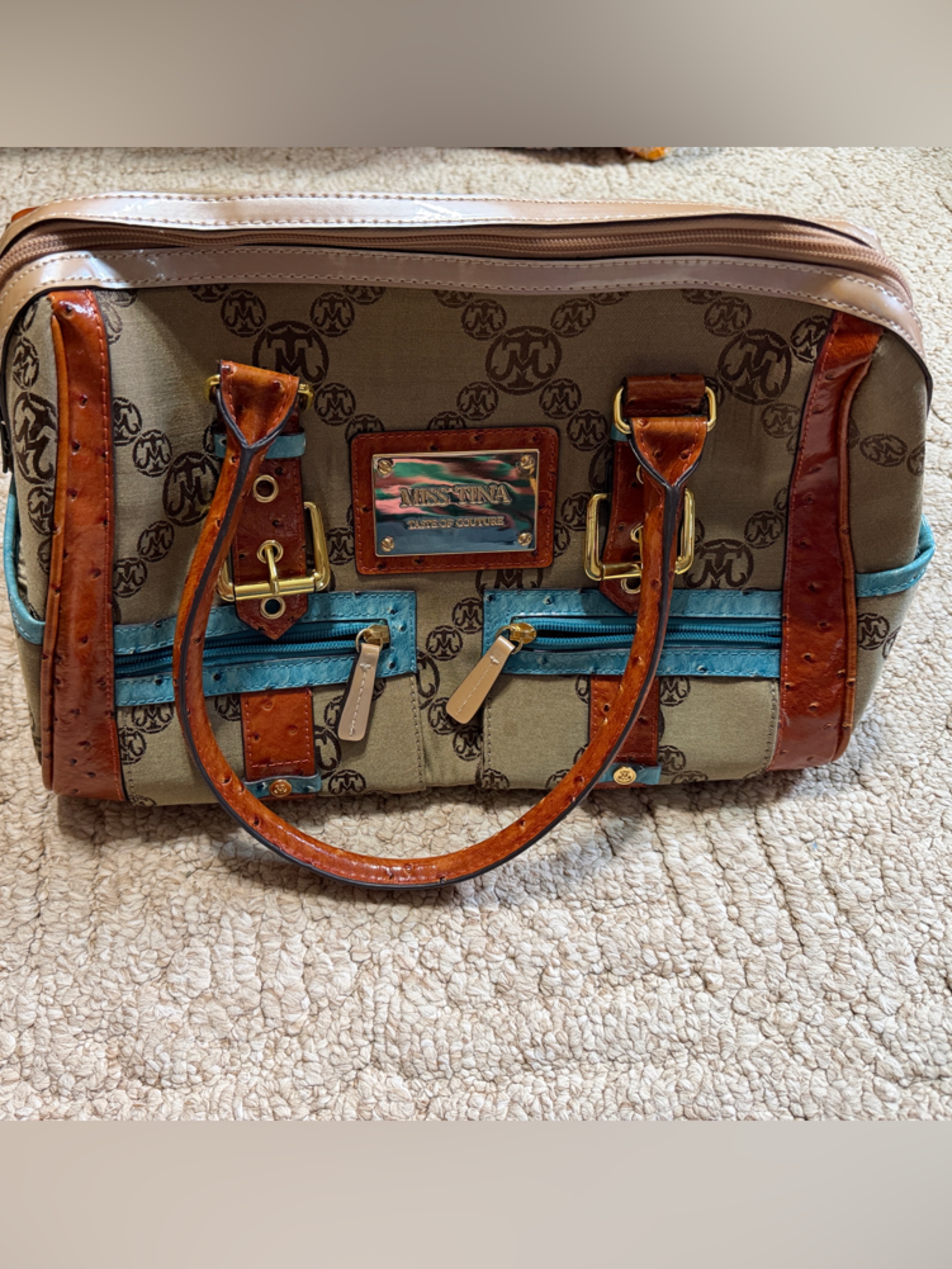 Miss Tina Teal And Brown Monogram Shoulder Bag